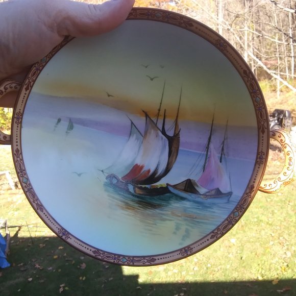 Vintage Hand Painted Nippon Morimura pedestal bowl with two handles and Moriage - Picture 8 of 16